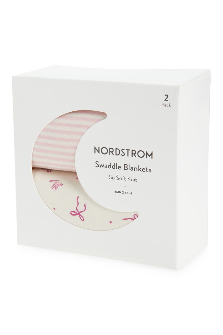 2-Pack Assorted Knit Swaddles, Alternate, color, IVORY BIRDS- PINK KIT STRIPE