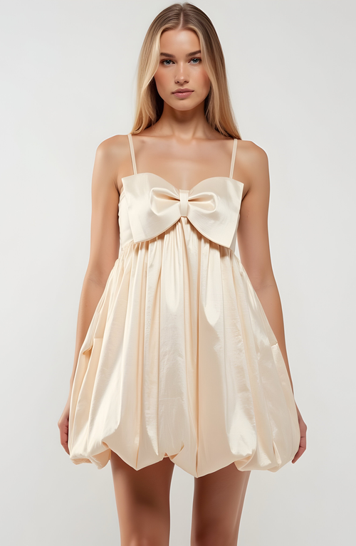Modenaire Mini Dress With Bow And Bubble Hem In Neutral
