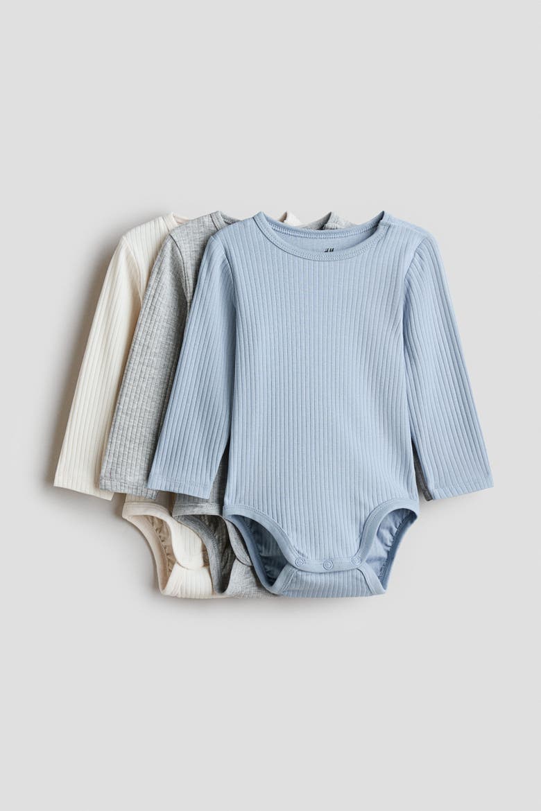 3-pack Ribbed Bodysuits, Main, color, Light blue/light gray