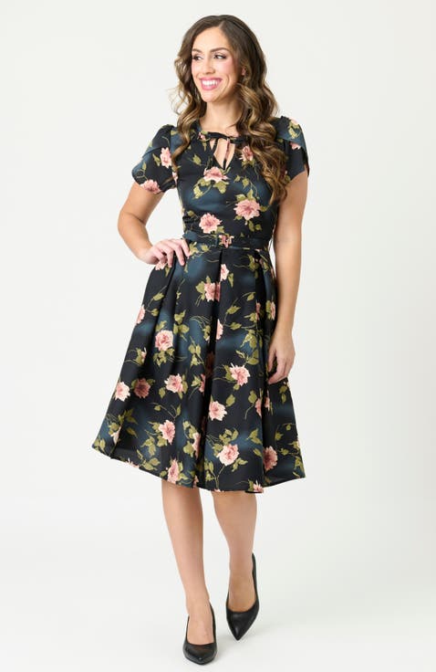 Short Petal Sleeve Tie Neck Dahlia Swing Dress