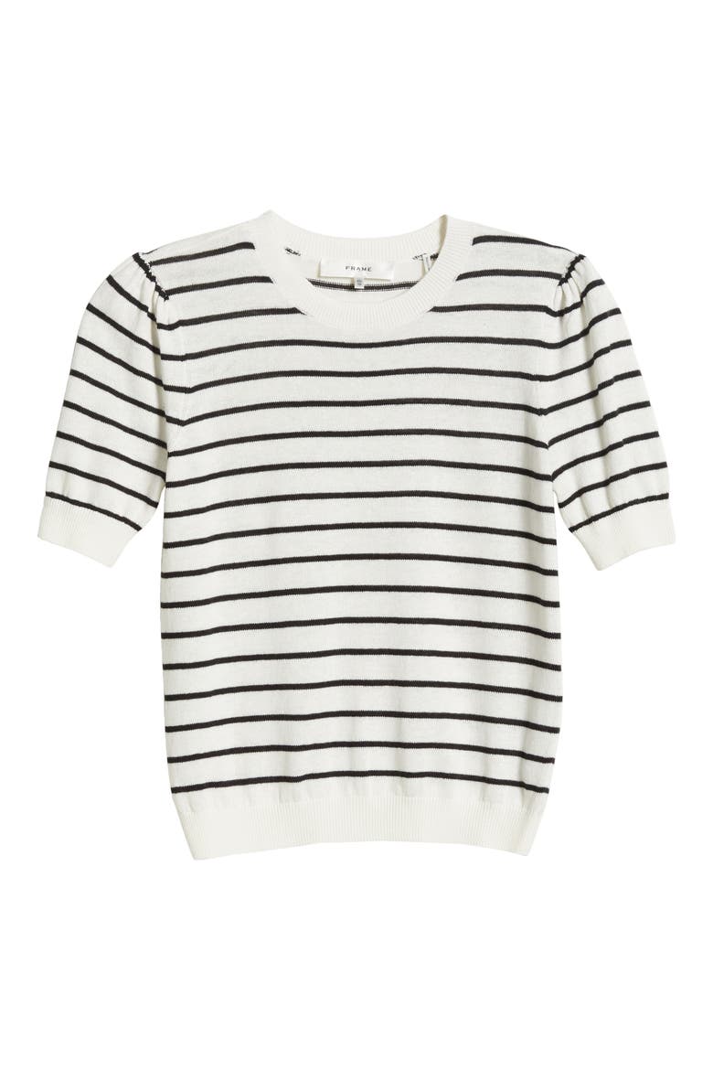 The Gathered Stripe Short Sleeve Organic Cotton & Linen Blend Sweater, Alternate, color, CREAM MULTI