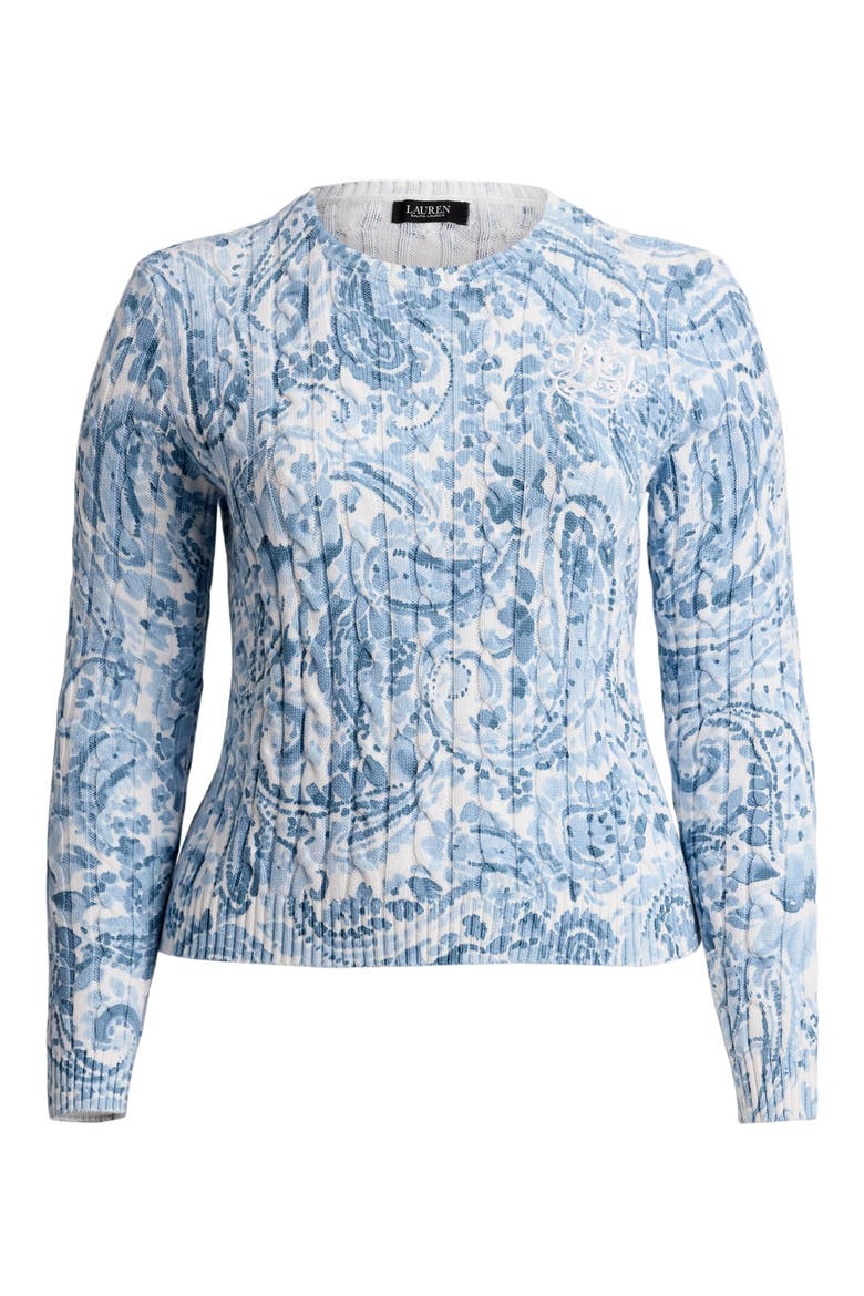 Paisley Cable Stitch Cotton Crewneck Sweater, Alternate, color, WHITE/ BLUE MULTI