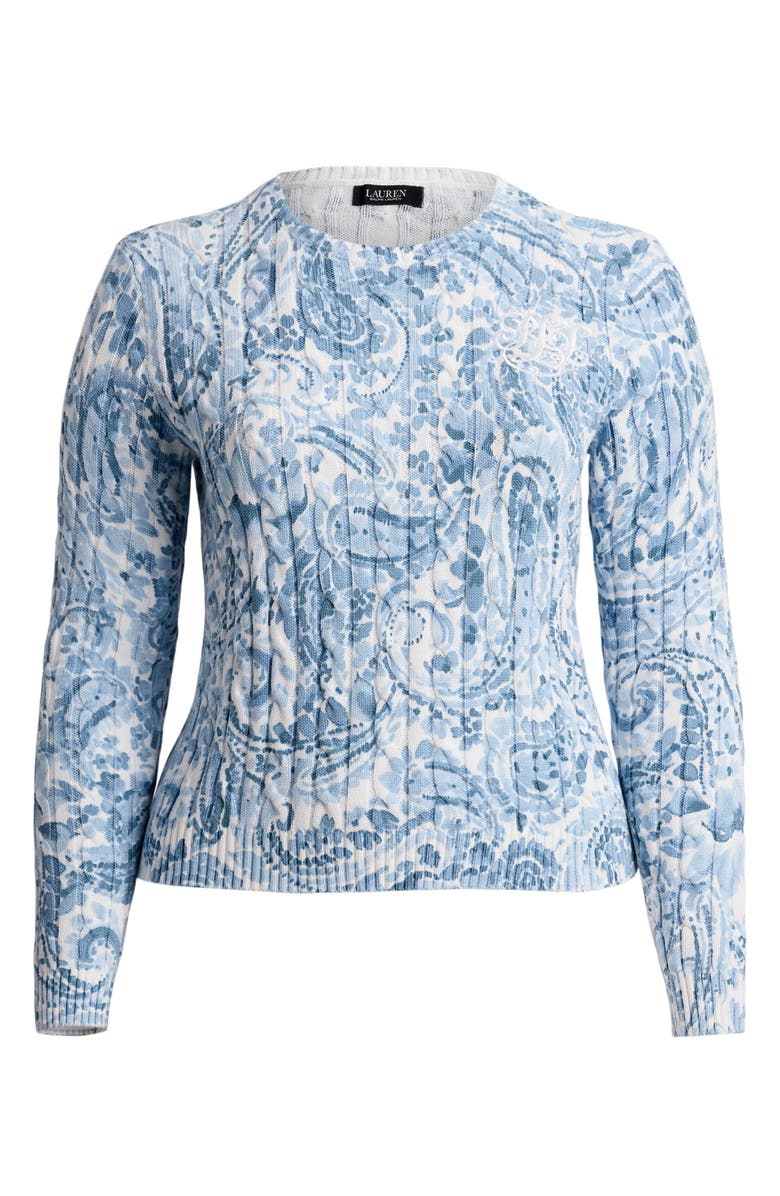 Lauren Ralph Lauren Paisley Cable Stitch Cotton Crewneck Sweater, Alternate, color, White/ Blue Multi