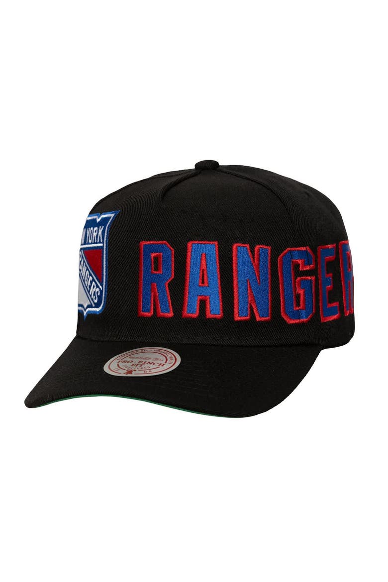 Men's Mitchell & Ness  Black New York Rangers Busted Logo Wordmark Wrap-Around Pro Pinch Adjustable Hat, Main, color, Black