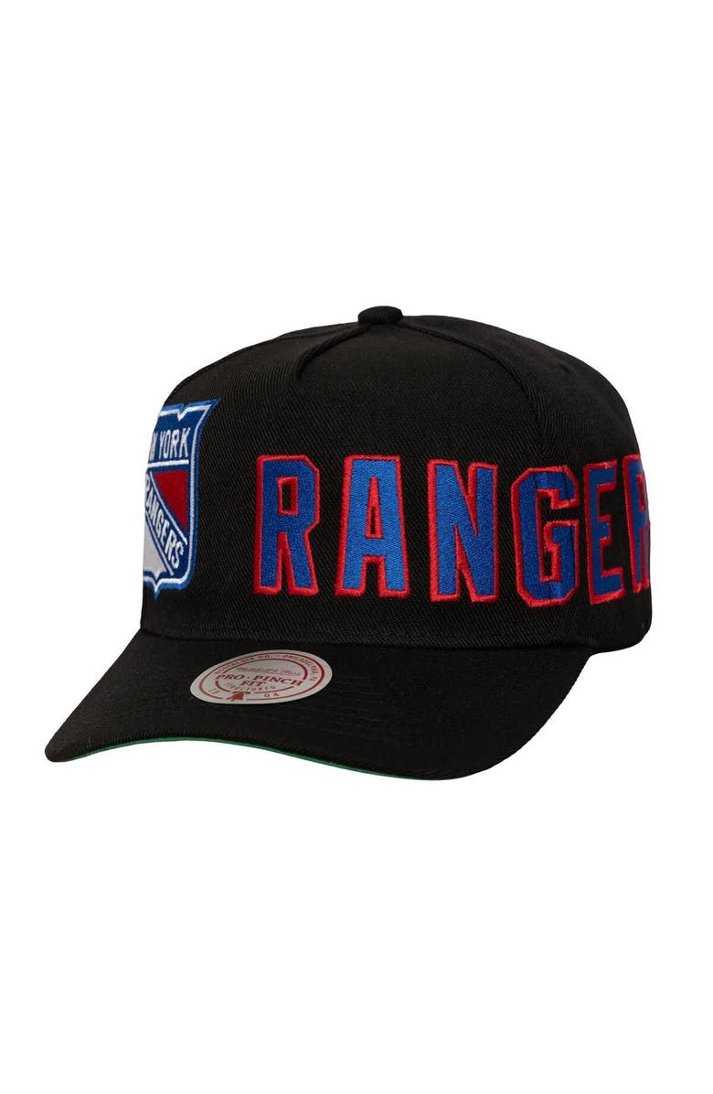 Mitchell & Ness Men's Mitchell & Ness  Black New York Rangers Busted Logo Wordmark Wrap-Around Pro Pinch Adjustable Hat, Main, color, Black