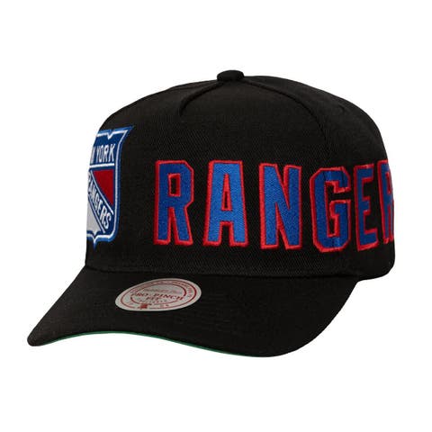 Men's Mitchell & Ness  Black New York Rangers Busted Logo Wordmark Wrap-Around Pro Pinch Adjustable Hat