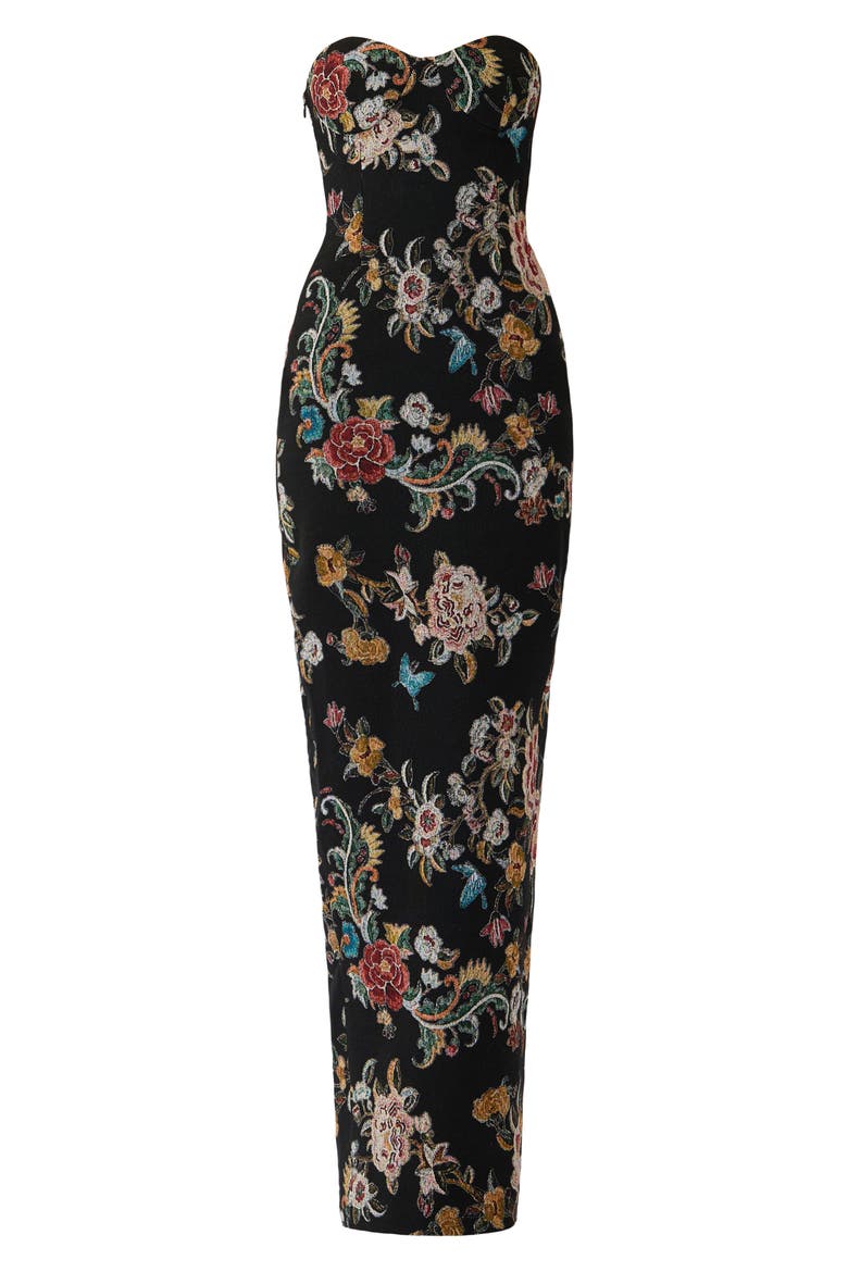 Maren Strapless Floral Jacquard Cotton Blend Column Gown, Alternate, color, BLACK MULTI