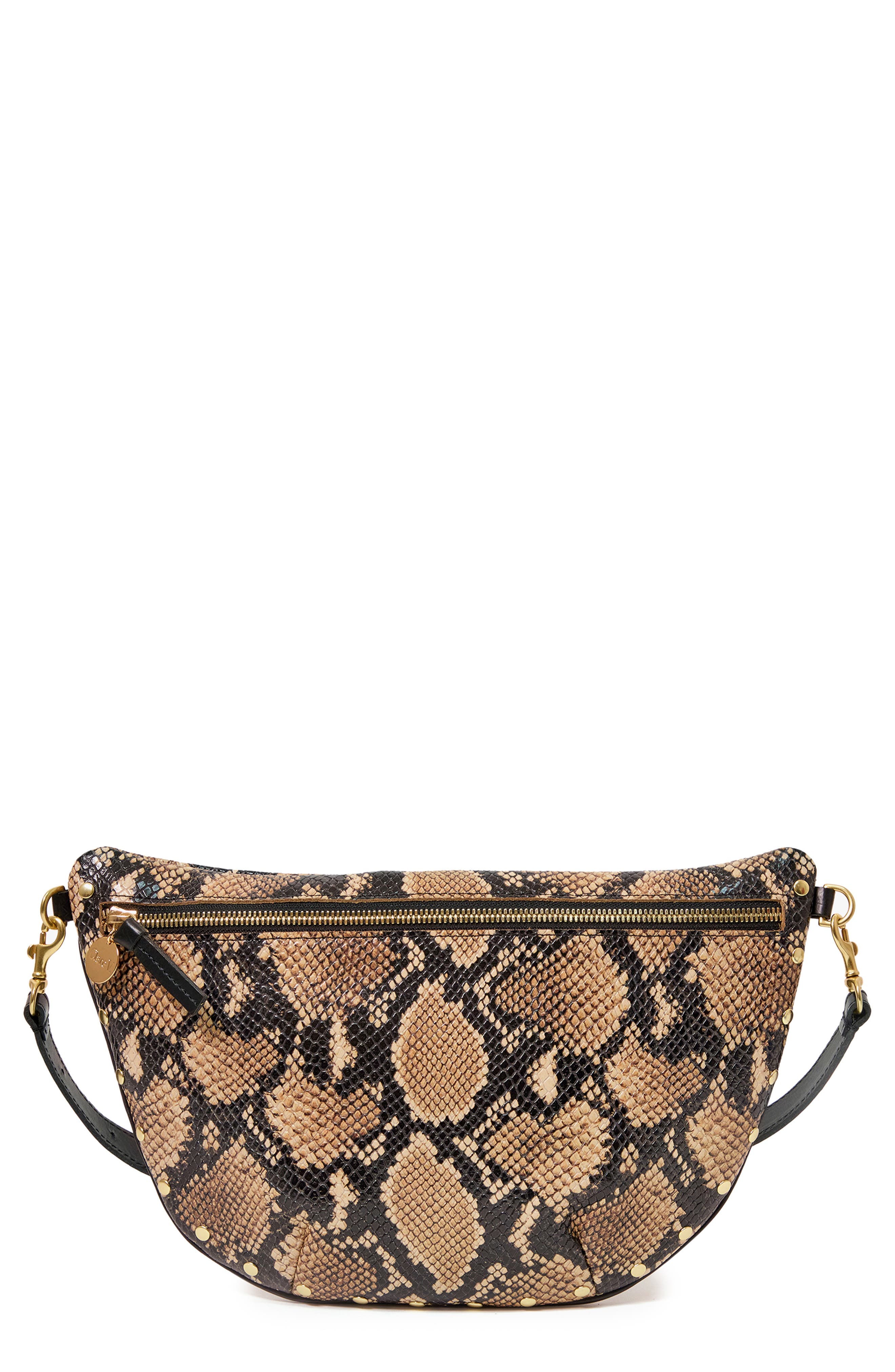 Clare V. Grande Snakeskin Embossed Leather Belt Bag, Main, color, Tan