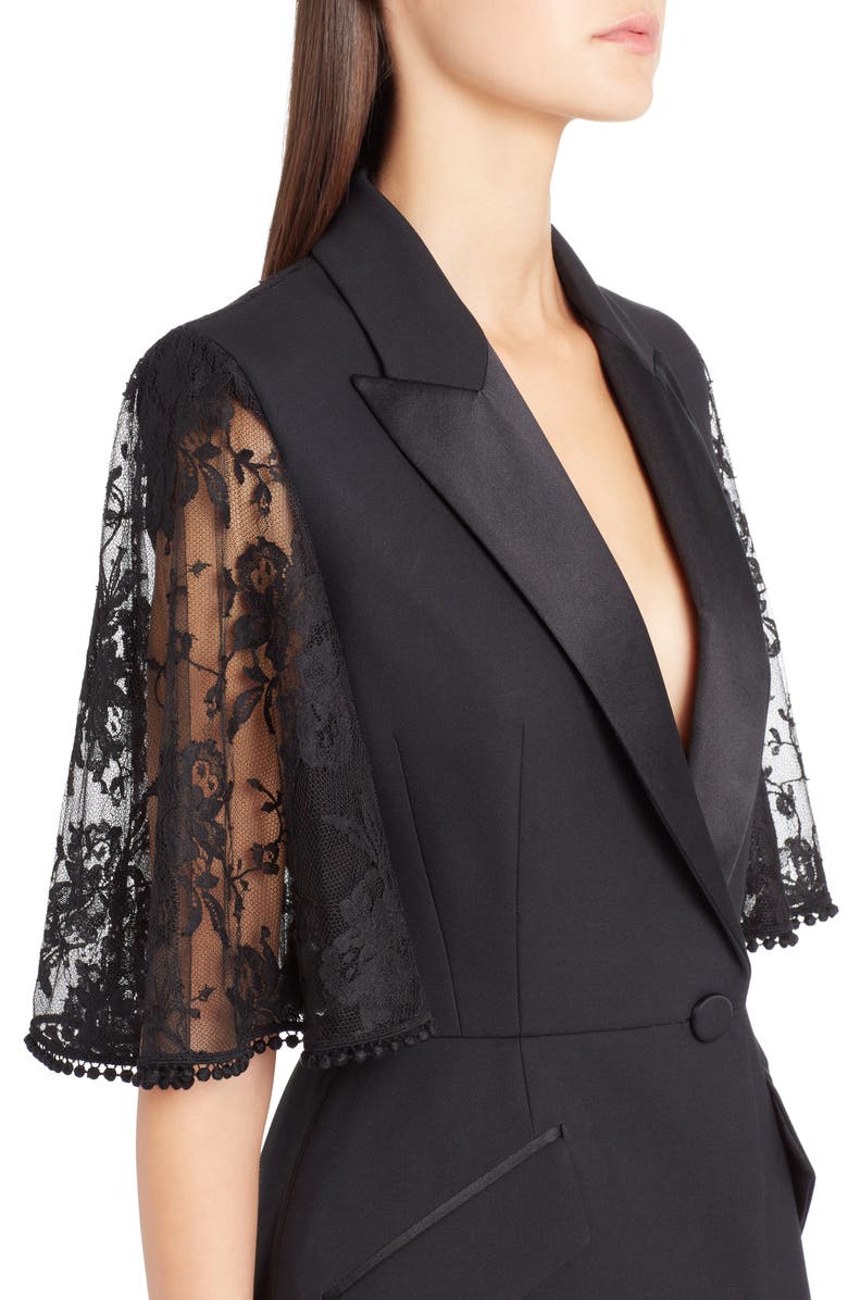 McQueen Alexander McQueen Lace Cape Wool & Silk Blend Blazer, Alternate, color,