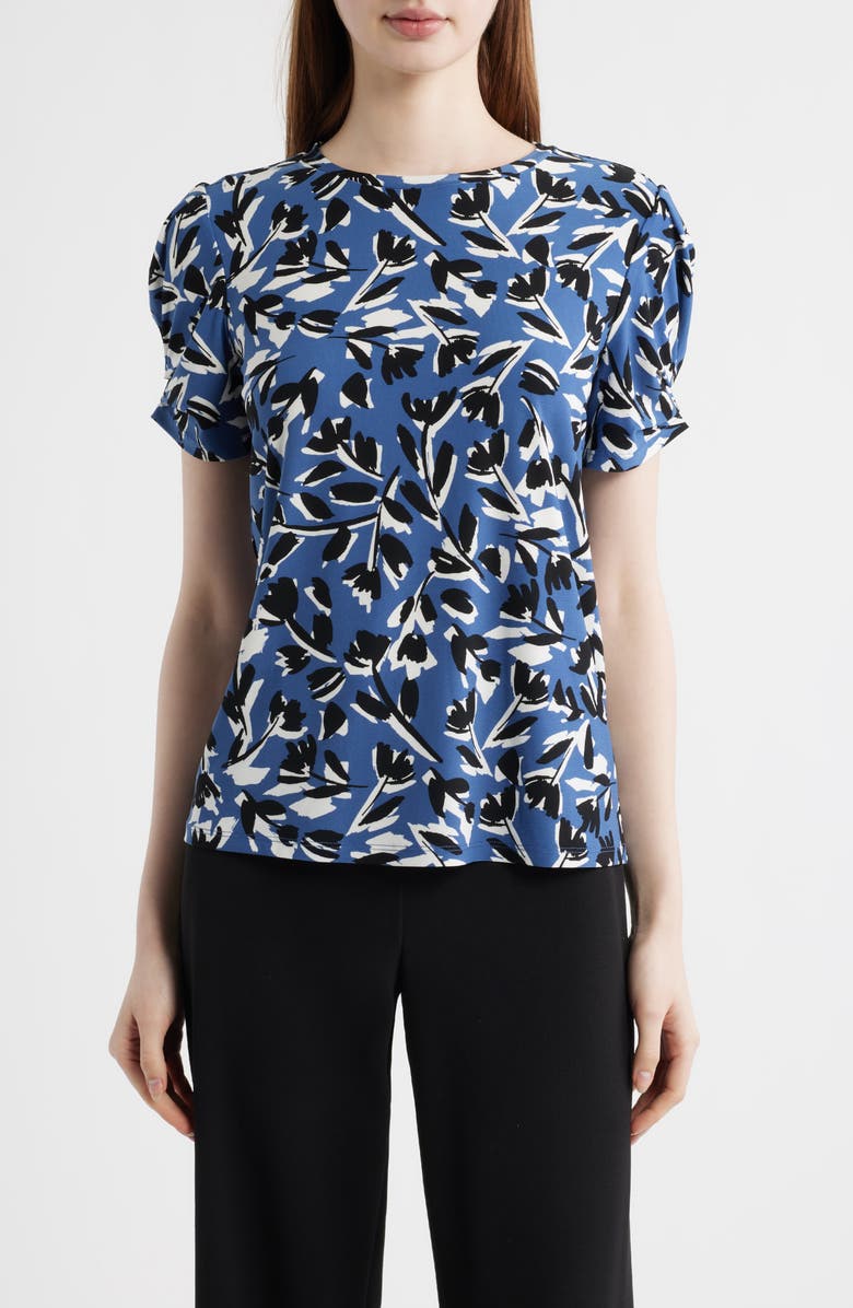 AK ANNE KLEIN Floral Short Sleeve Top, Main, color, Blue Jay Multi