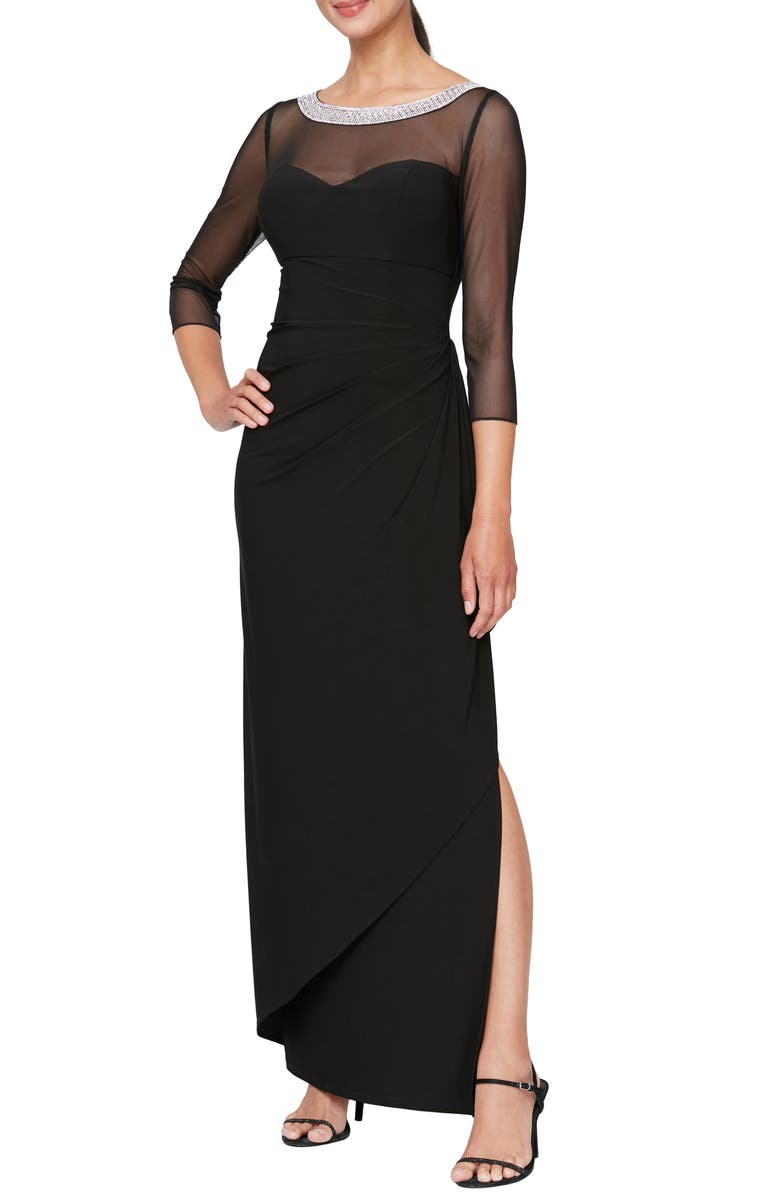 Alex Evenings Illusion Embellished Detail Jersey Gown, Main, color, Black