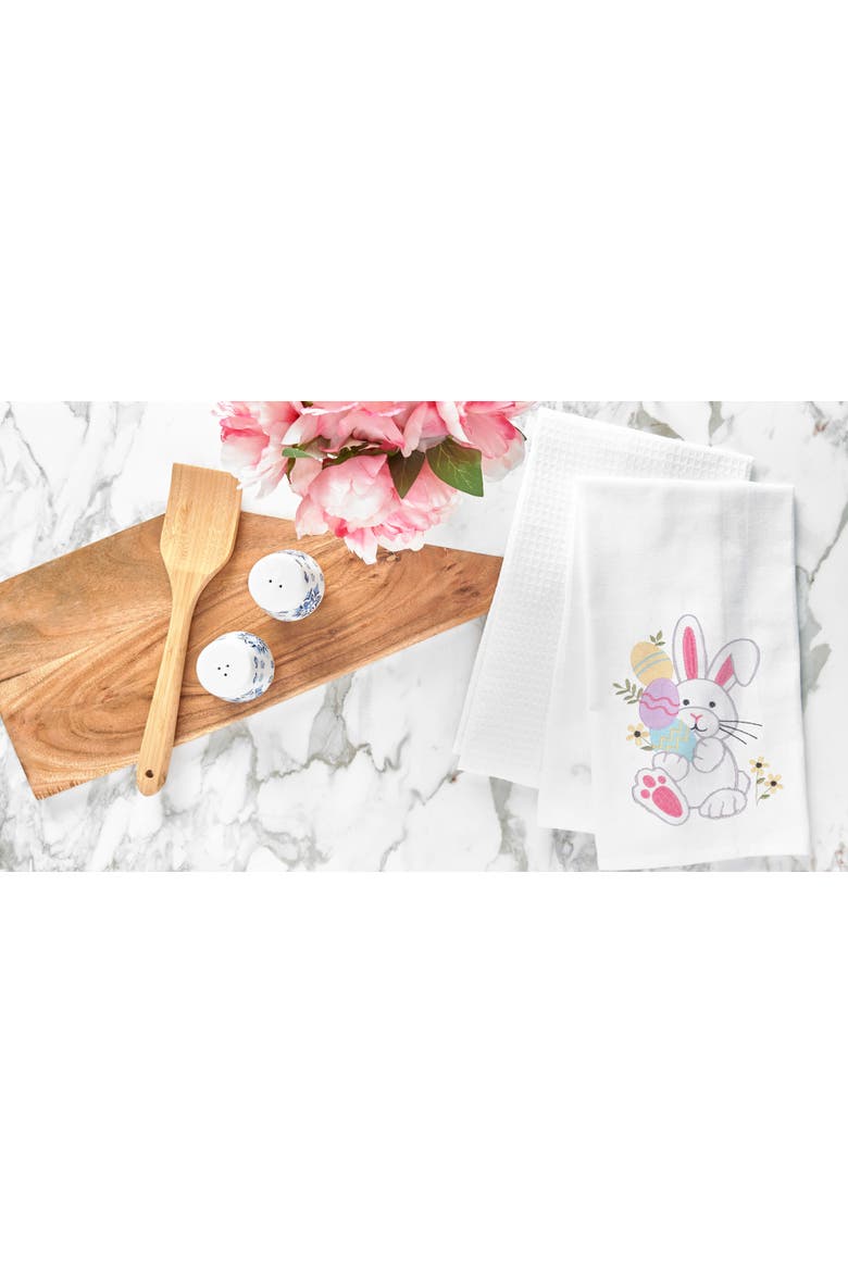 Easter Bunny Rabbit Egg Hunt Embroidered Cotton Flour Sack Kitchen Dishtowel, Alternate, color, White