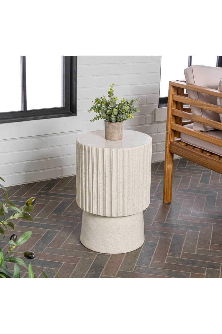 Louisa Modern Fluted Outdoor Accent Table, All-Weather Terrazzo Pedestal Garden Stool & Round Patio Side Table, Alternate, color, Cream Terrazzo