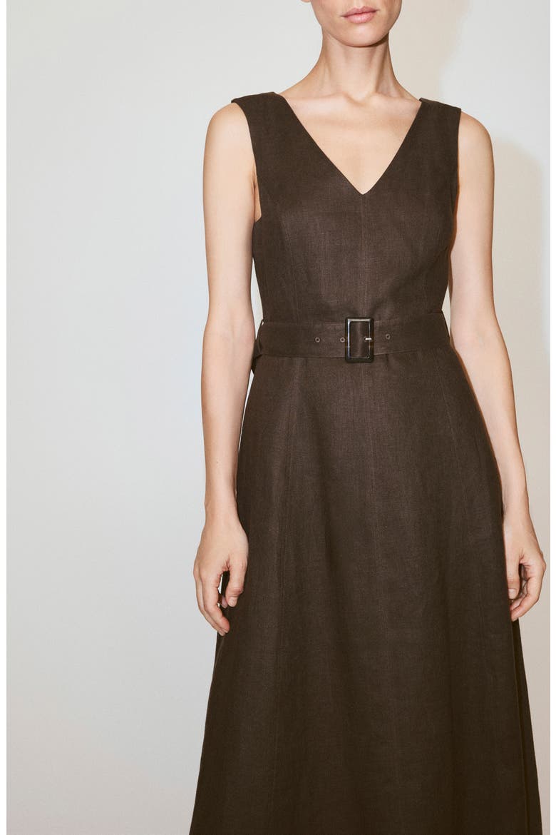 Belted Linen Midi Dress, Alternate, color, CHOCOLATE
