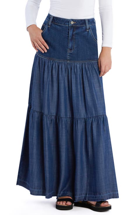 Contrast Tiered Denim Maxi Skirt