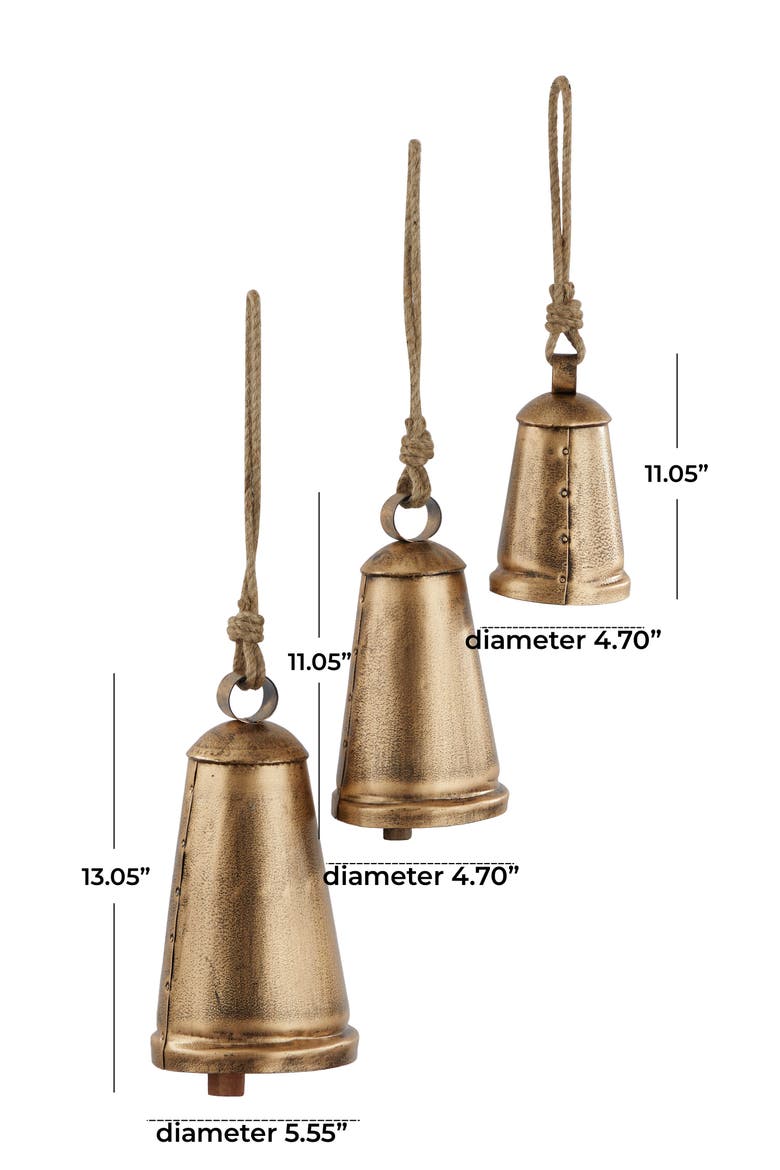 Bronze Metal Indoor Outdoor Meditation Decorative Cow Bell with Jute Hanging Rope - Set of 3, Alternate, color, BRONZE
