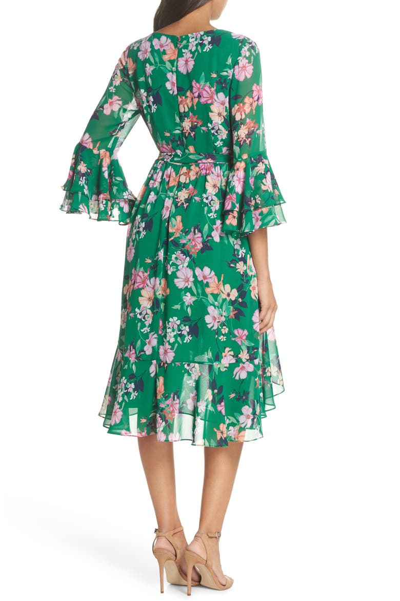 Ruffle Sleeve Floral Faux Wrap Dress, Alternate, color, GREEN