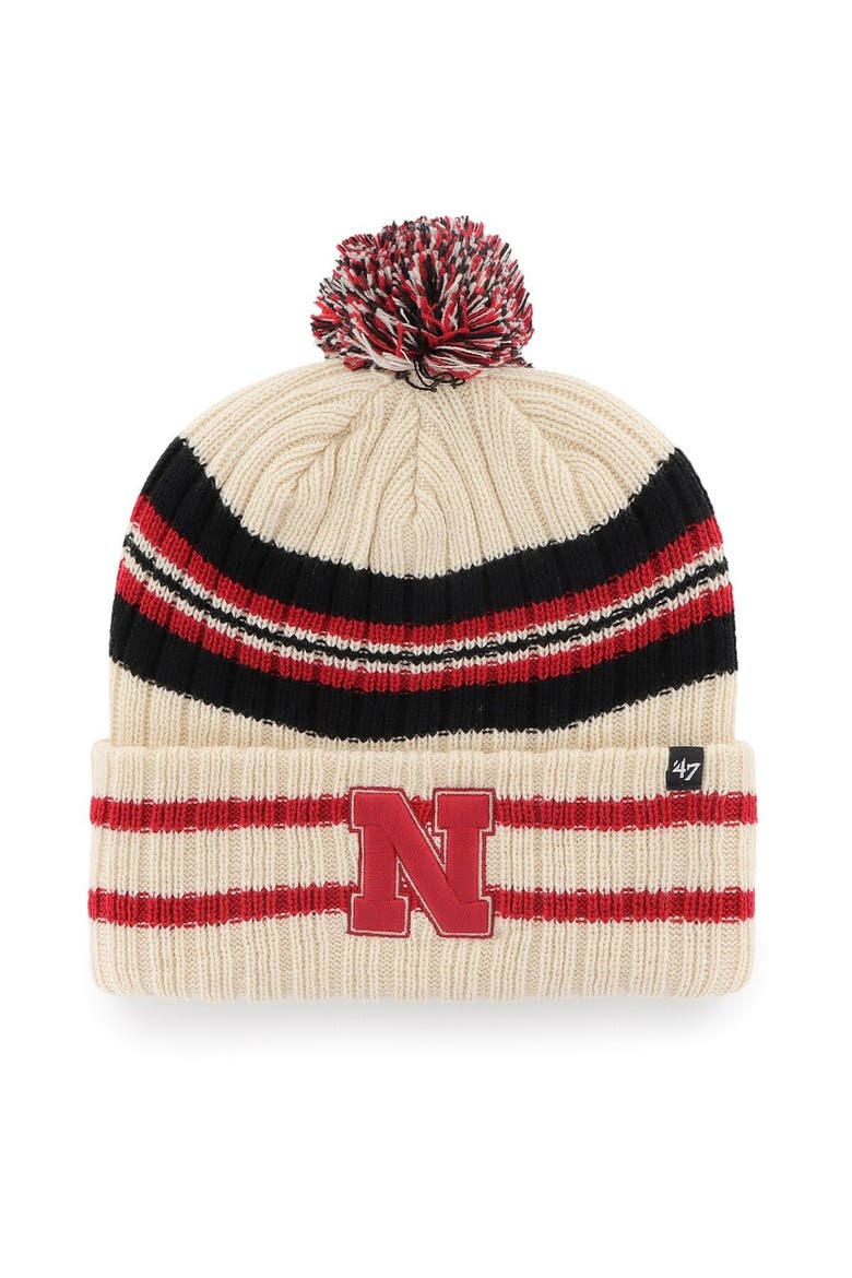 Men's '47 Natural Nebraska Huskers Hone Cuffed Knit Hat with Pom, Main, color, Natural