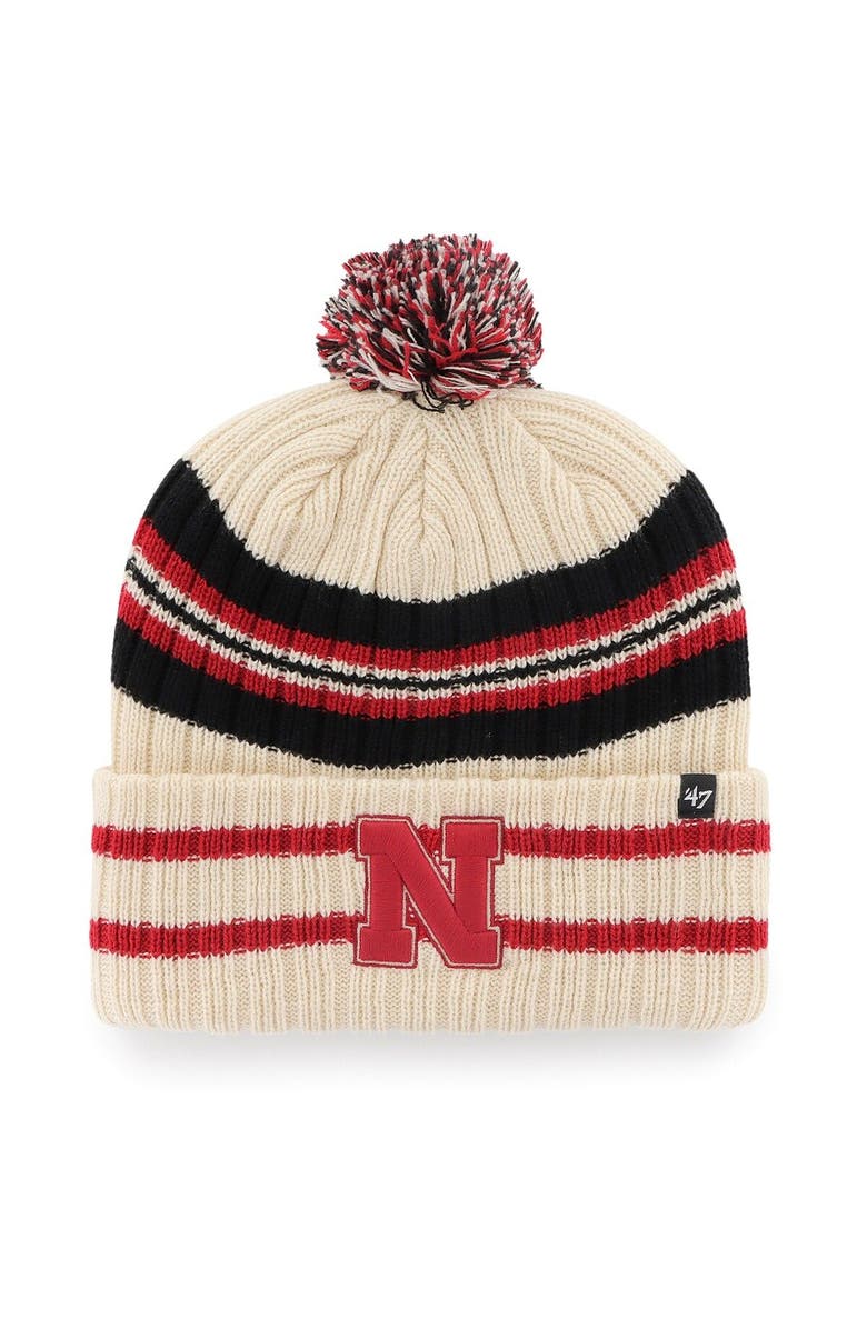 '47 Men's '47 Natural Nebraska Huskers Hone Cuffed Knit Hat with Pom, Main, color,