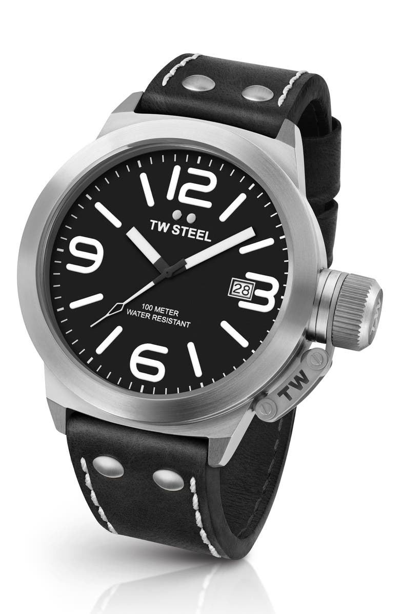 TW Steel Canteen Leather Strap Watch, 45mm, Main, color, 