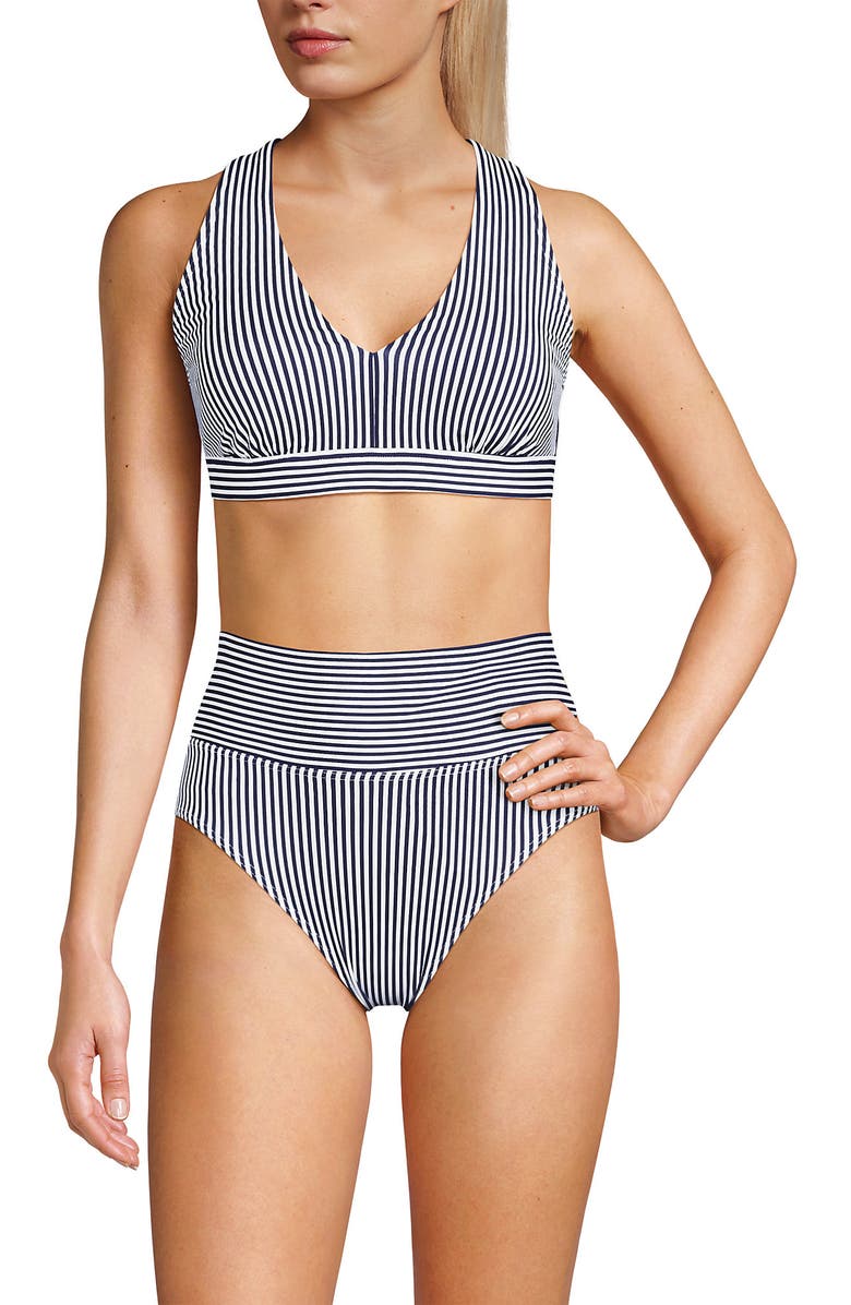 Lands' End Chlorine Resistant V-neck Midkini Swimsuit Top and High Leg High Waisted Bottoms 2 Piece Set, Main, color, Deep Sea Navy Mini Stripe