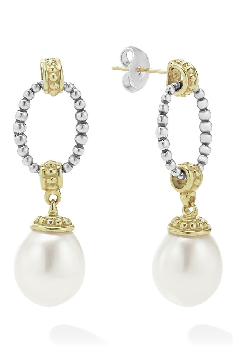 Luna Freshwater Pearl Drop Frontal Hoop Earrings, Main, color, GOLD