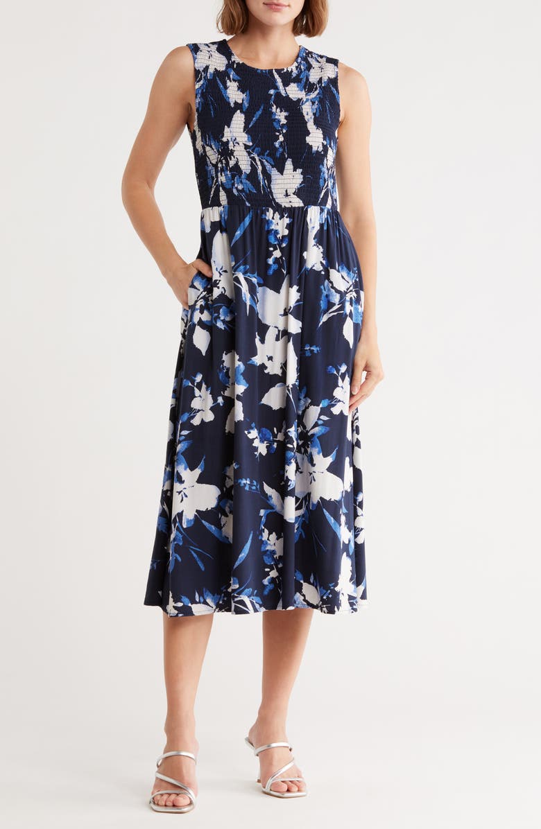 Calvin Klein Floral Smocked Bodice Midi Dress, Main, color, Indigo Multi
