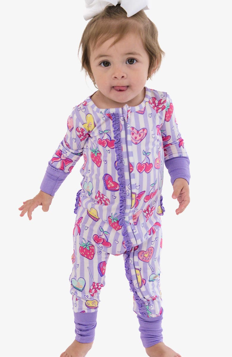 RuffleButts Lolly Hearts Zip One-Piece Pajamas, Alternate, color, Purple