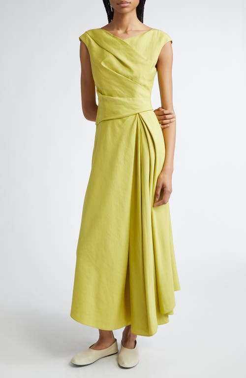 Lafayette 148 Silk Linen Drape Front Asymmetric Dress In Chartreuse
