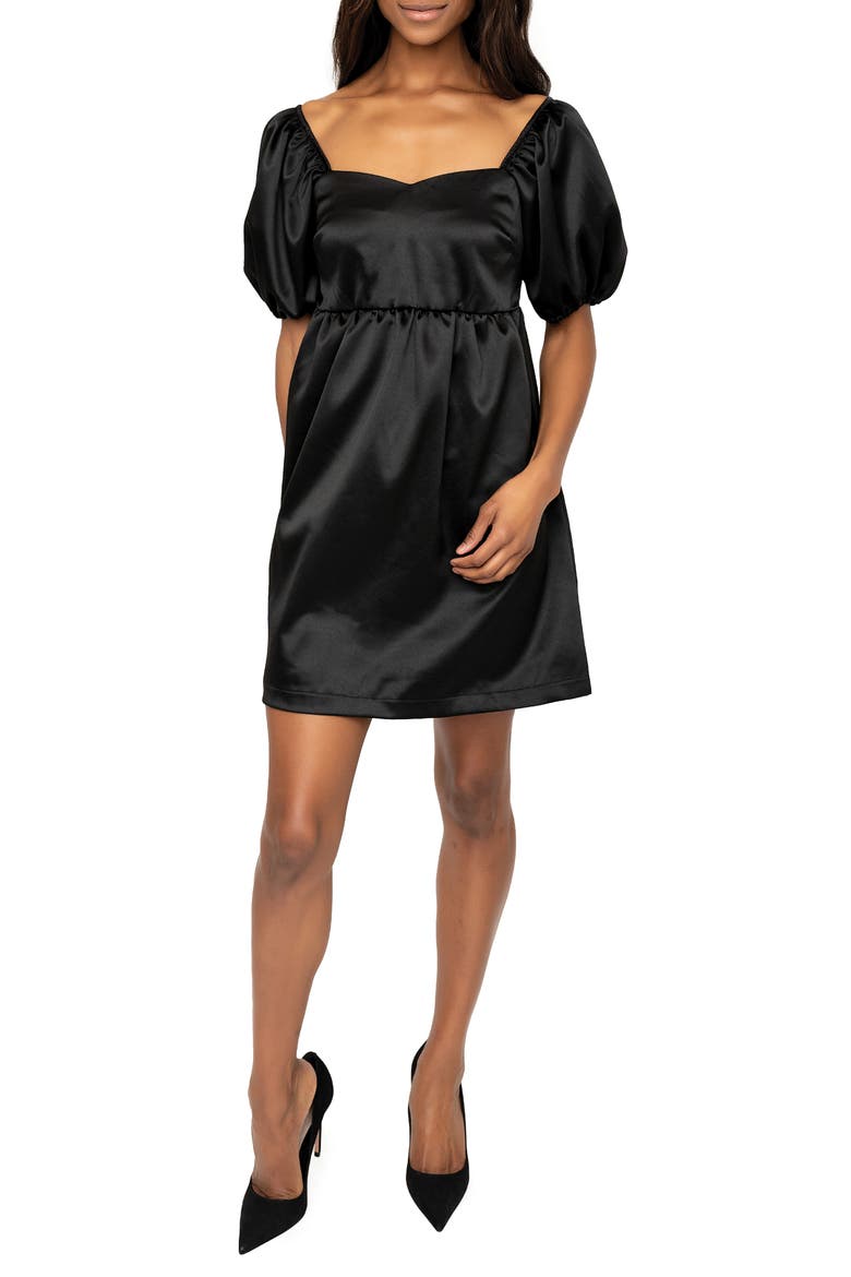 Puff Sleeve Satin Minidress, Main, color, BLACK