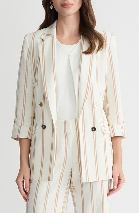 Stripe Roll Sleeve Open Front Blazer (Regular & Petite)