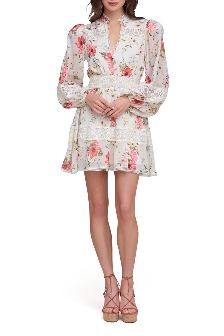 Floral Lace Detail Long Sleeve Minidress, Main, color, CREAM FLOWER PRESS