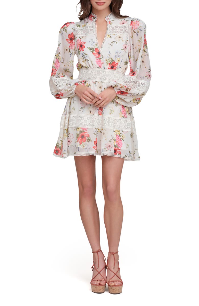 Avec Les Filles Floral Lace Detail Long Sleeve Minidress, Main, color, Cream Flower Press