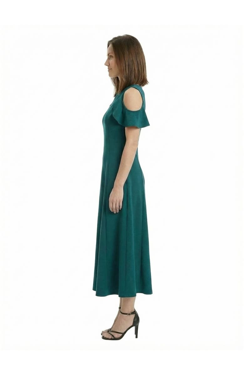 24seven Comfort Apparel Elevate Petite Ruffle Sleeve Cold Shoulder A-Line Soft Flare Maxi Dress, Alternate, color, Hunter