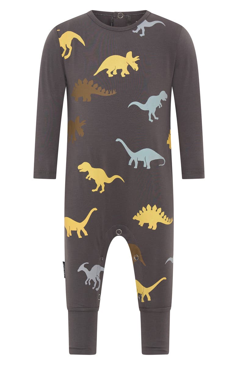 TINY TRIBE Dino Print Cotton Romper, Main, color, Charcoal