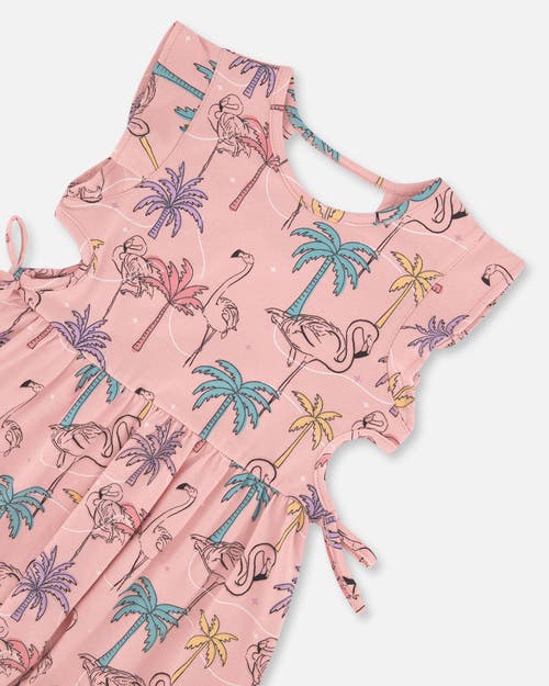 Deux Par Deux Little Girl's Printed Organic Cotton Dress With Cut Outs Palm Trees, Pink Flamingo, An In Palm Trees, Pink Flamingo