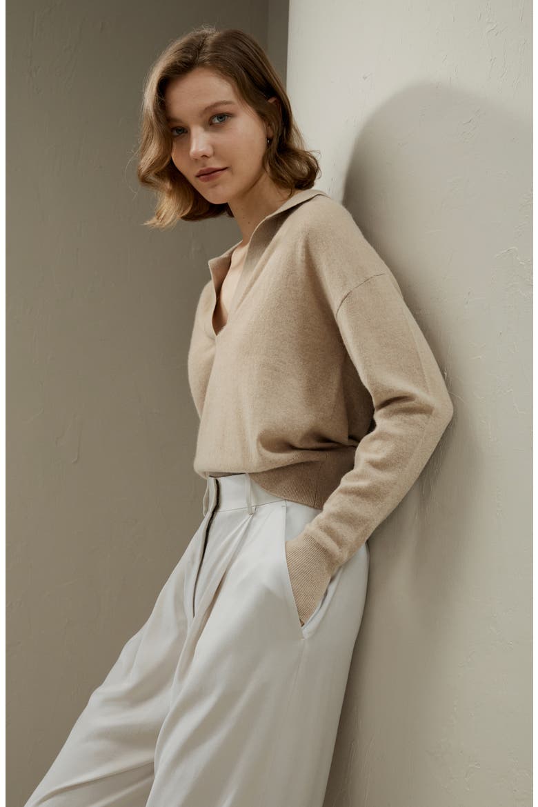 Women's Cashmere Polo Shirt, Alternate, color, Beige