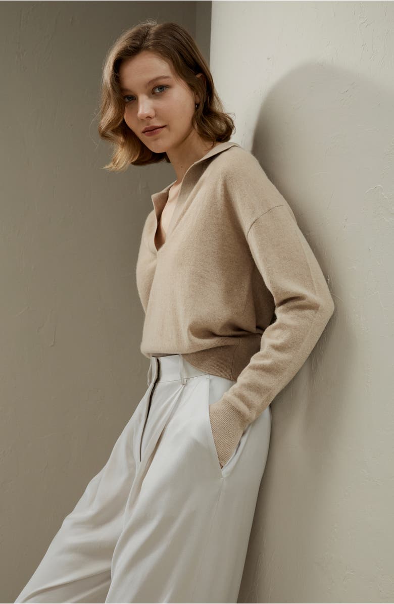 Lilysilk Women's V Neck Cashmere Polo Sweater, Alternate, color, Beige