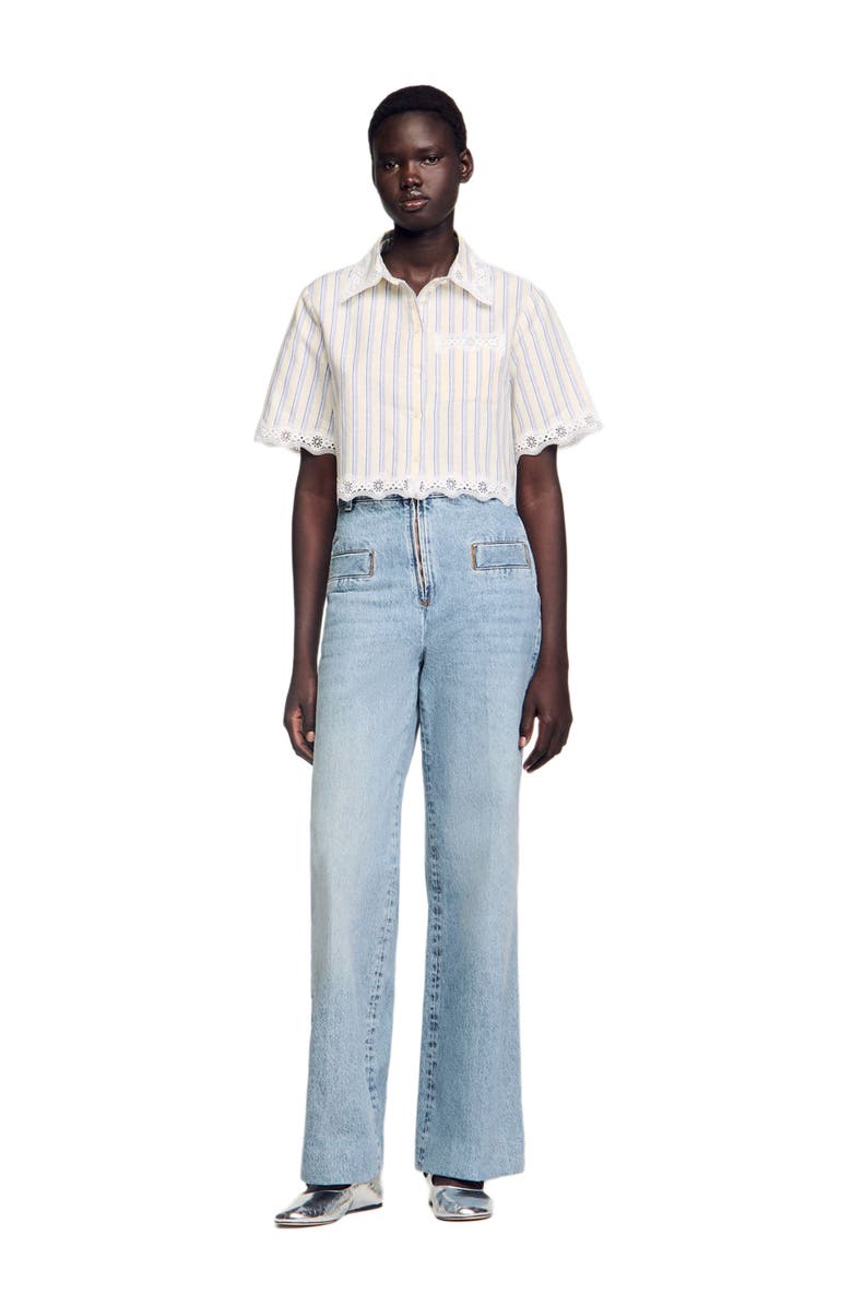 SANDRO Striped cropped shirt, Alternate, color, Ecru / Jean