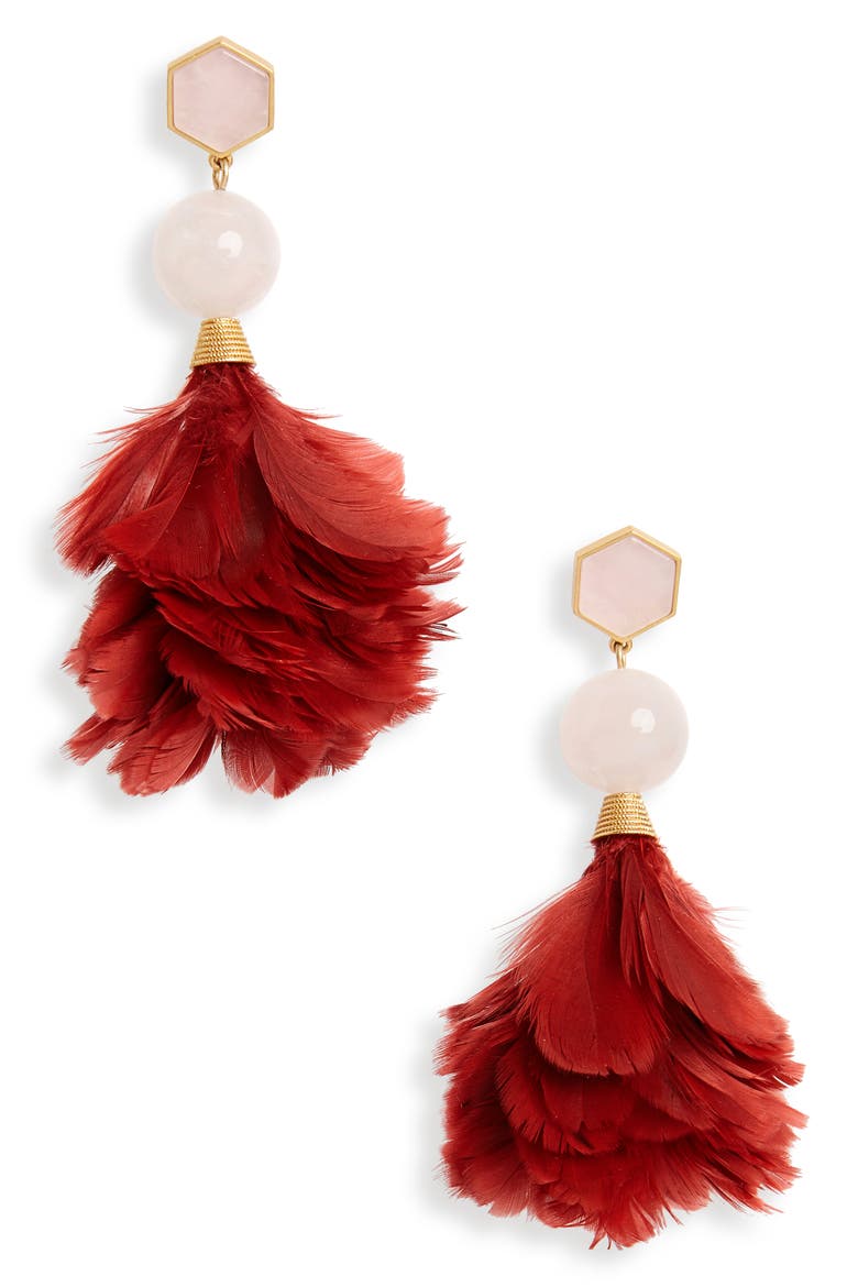 Feather Drop Earrings, Main, color, TUSCAN WINE / PINK QUARTZ