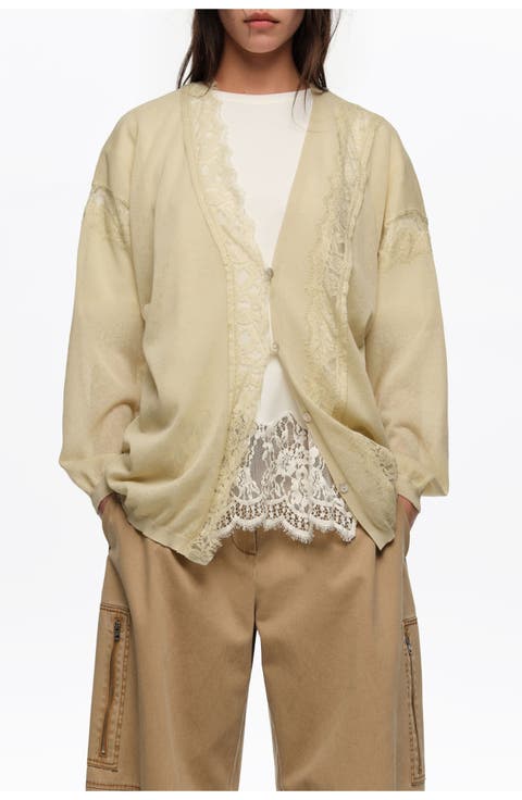 Long Cotton and Linen Cardigan With Lace Trim