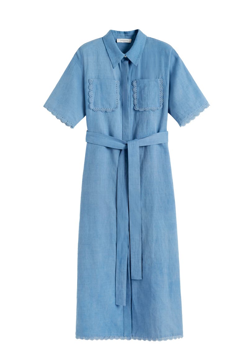 Linen-Blend Scallop Shirt Dress, Alternate, color, Dusty Blue