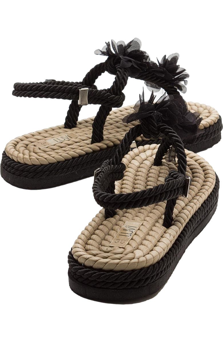 Prologue Shoes SANTRA Lace-Up Thong Sandals, Alternate, color, Black Faux Leather
