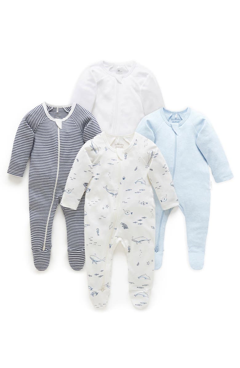 Purebaby 4 Pack Zip Footie Boys, Main, color, Vanilla Nautical Pack