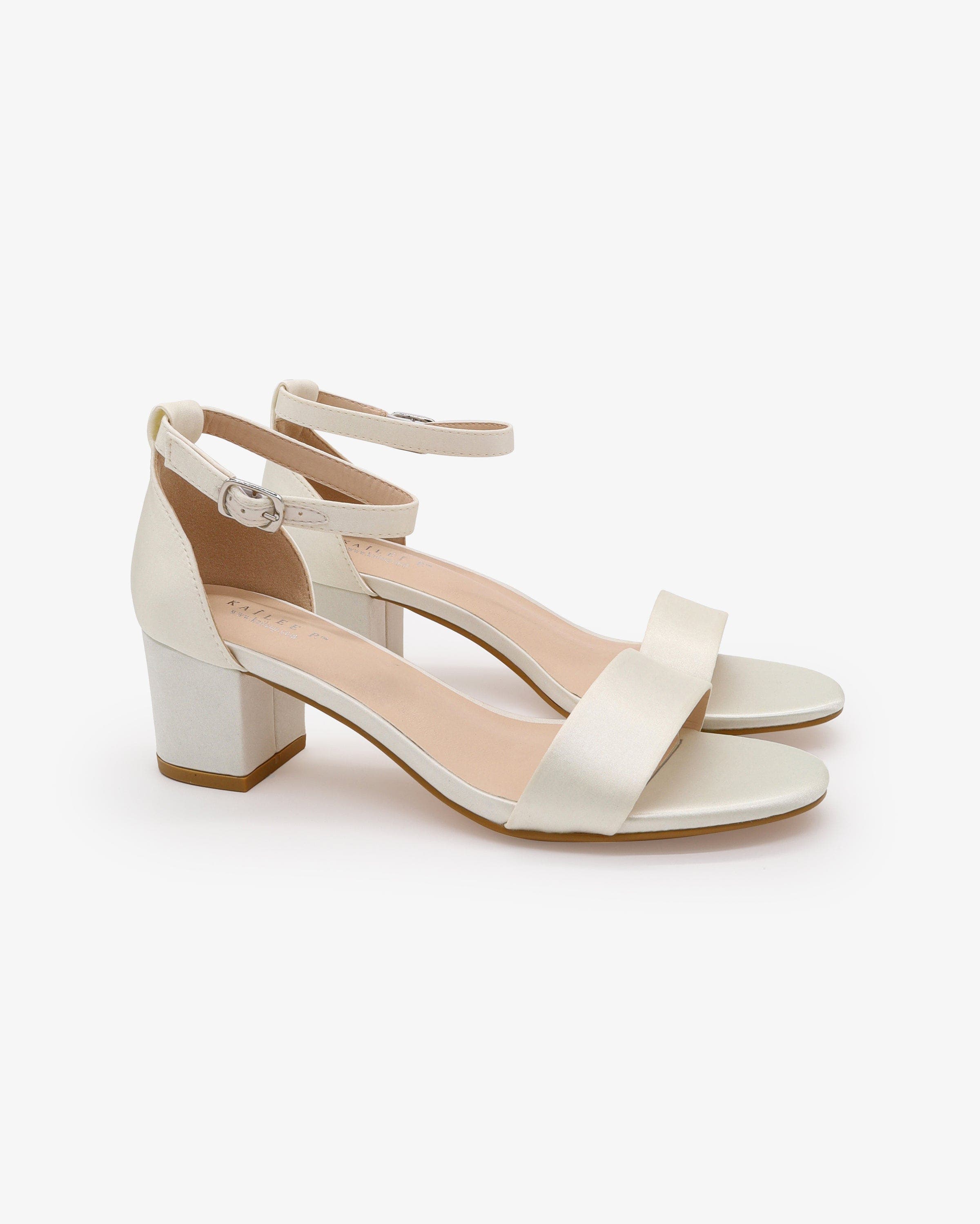 Kailee P Naomi Satin Block Heel Wedding Sandals with Ankle Strap, Main, color, Ivory