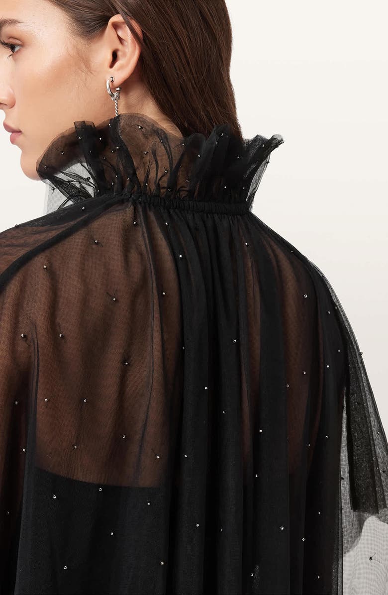 AllSaints Sez Embellished Sheer Tulle Cape, Alternate, color, Black