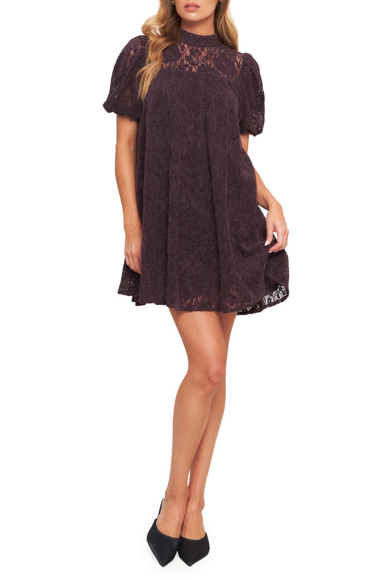 Puff Sleeve Babydoll Minidress, Main, color, WINE
