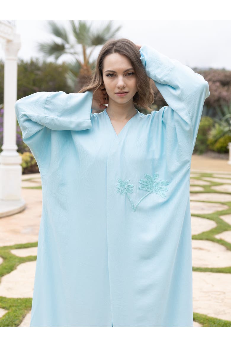 Palm Embroidered Silk Kaftan, Alternate, color, Tiffany Blue