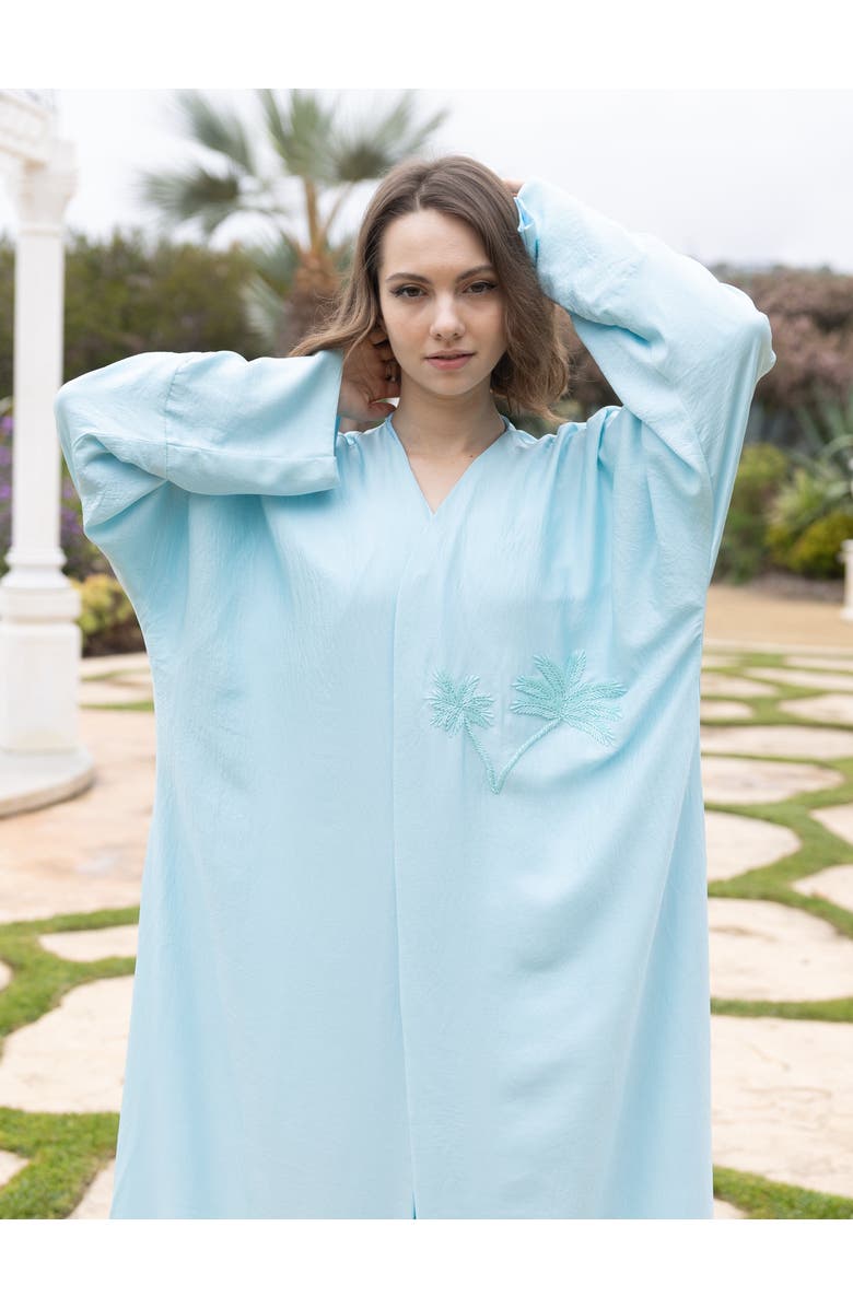 Le Fafo Palm Embroidered Silk Kaftan, Alternate, color, Tiffany Blue