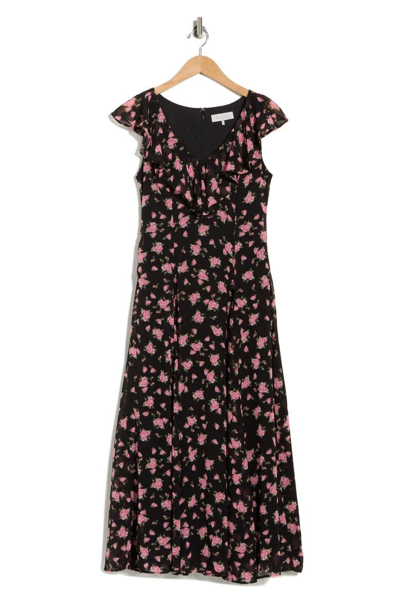Ruffle Godet Midi Dress, Alternate, color, BLACK ROSES